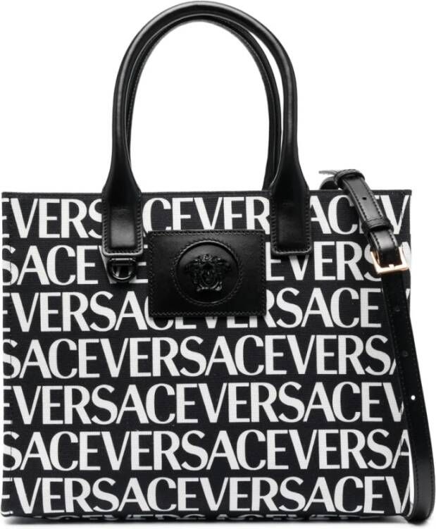 Versace Zwarte tassen Zwarte katoenen tas met leren details Black Dames