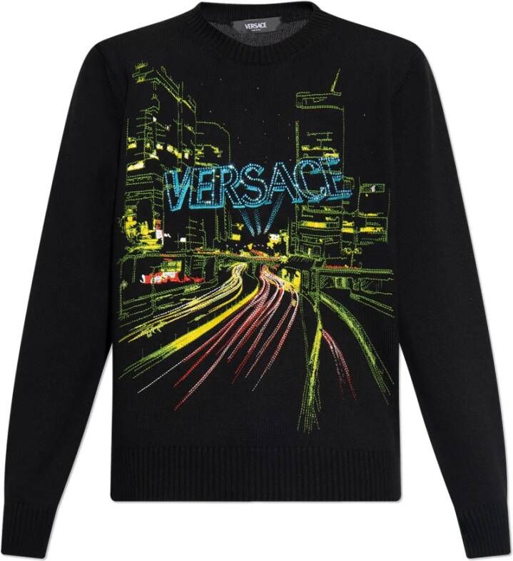 Versace Zwarte Sweaters met City Lights Borduursel Black Heren