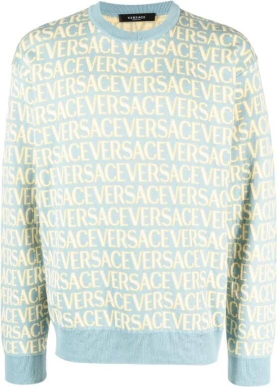 Versace Logo Jacquard Gebreide Trui Blue Heren