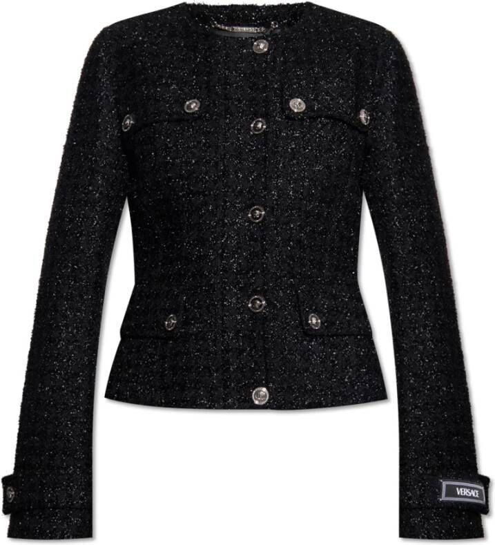 Versace Zwarte wollen blend jas met ronde hals Zwart Dames