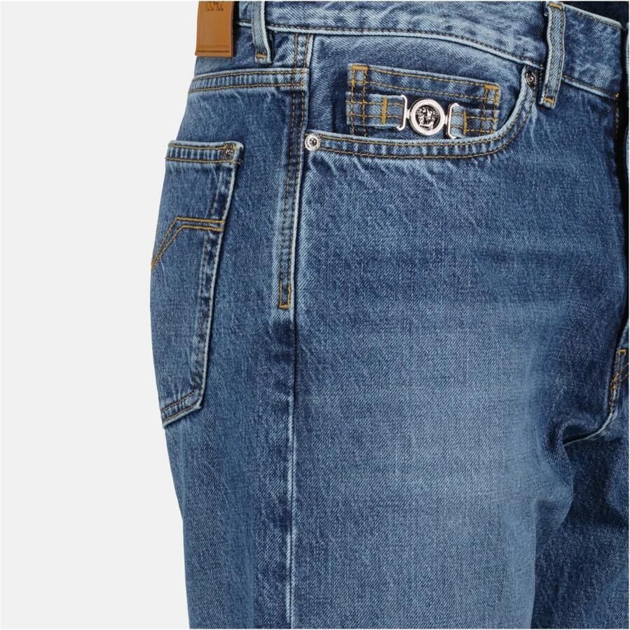 Versace Gestreepte hoge taille jeans met Barocco revers Blue Heren