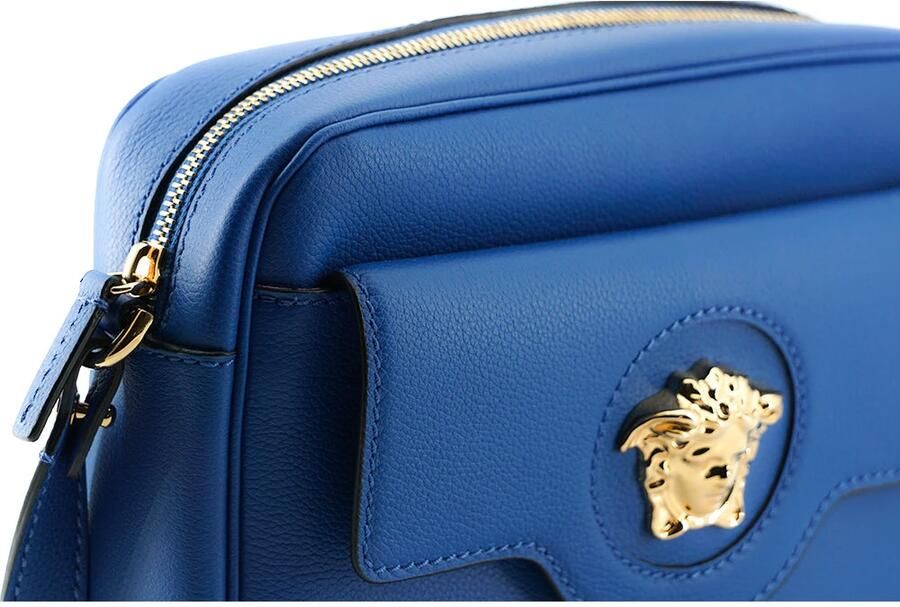 Versace Blauwe Kalfsleren Camera Schoudertas Blue Dames