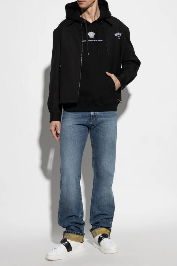 Versace Gestreepte hoge taille jeans met Barocco revers Blue Heren - Foto 5