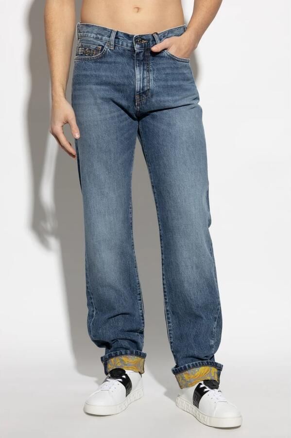 Versace Gestreepte hoge taille jeans met Barocco revers Blue Heren - Foto 6