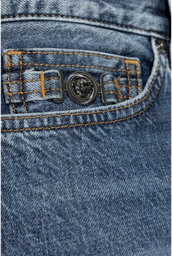 Versace Gestreepte hoge taille jeans met Barocco revers Blue Heren - Foto 4