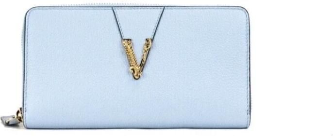Versace Grote Korenbloem Korrelig Leder Goud Monogram Rits Rondom Clutch Portemonnee Blue Dames