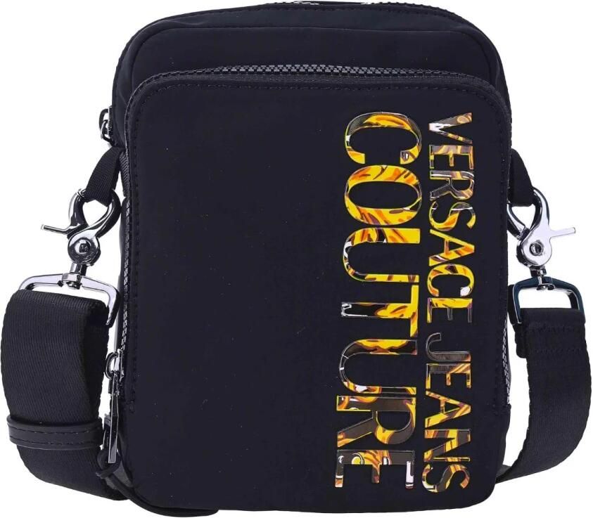 Versace Jeans Couture Elegante Heren Zwarte Nylon Schoudertas met Verstelbare Band en Ritssluiting Black Heren