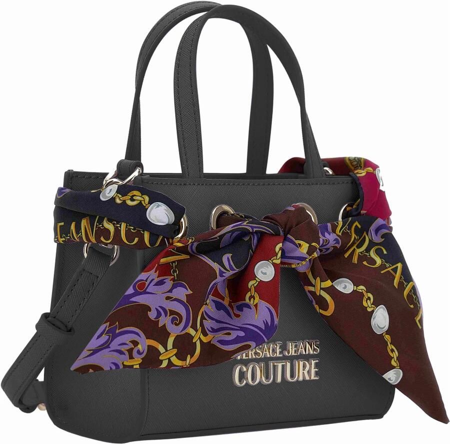 Versace Jeans Couture Zwarte Handtas met Bedrukte Sjaal en Afneembare Schouderband Black Dames