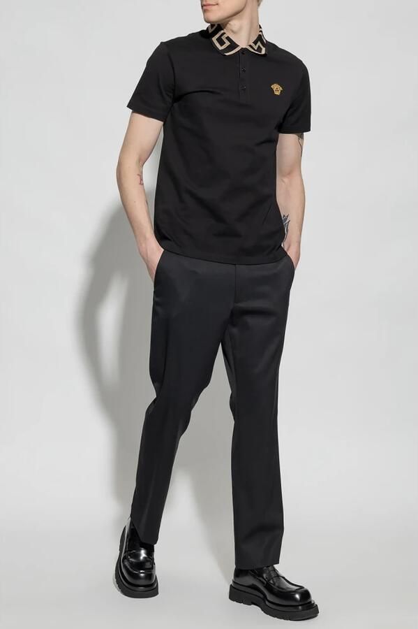 Versace Grieks Motief Geborduurde Katoenen Polo Black Heren - Foto 4