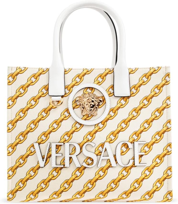 Versace Shoppers & Totes Small 'Chain Stripes La Medusa' Shopping Bag in beige