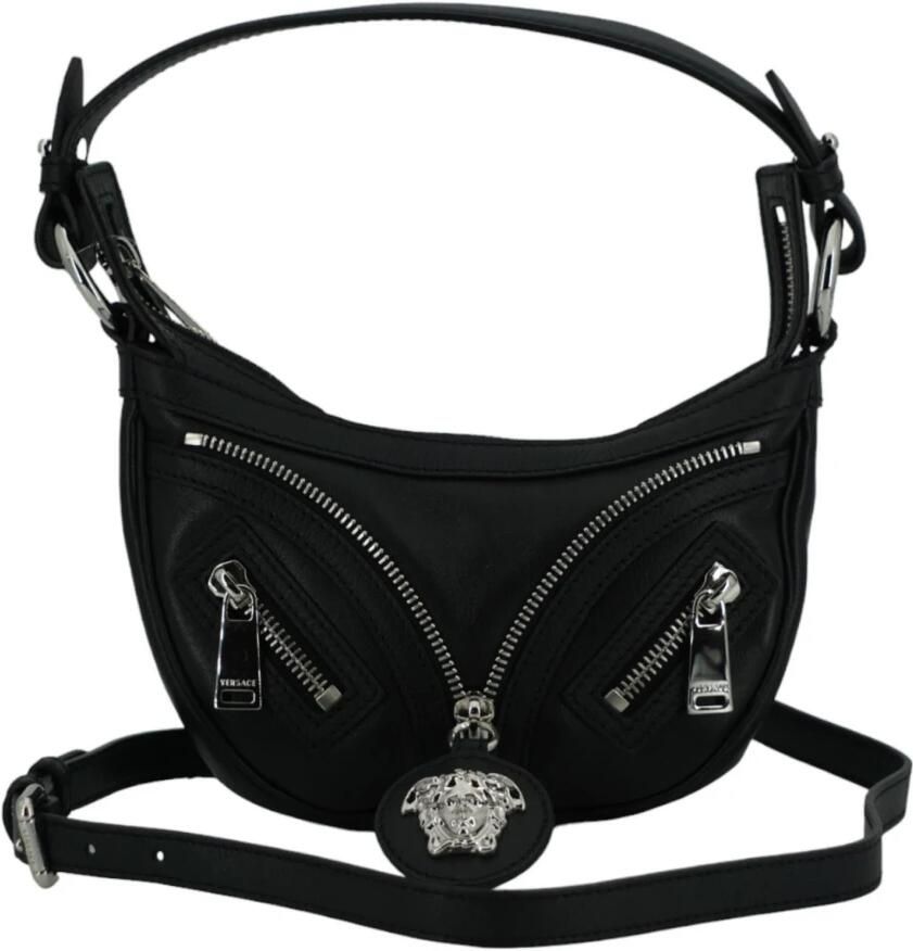 Versace Zwarte Kalfsleren Mini Hobo Schoudertas Black Dames