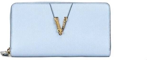 Versace Grote Korenbloem Korrelig Leder Goud Monogram Rits Rondom Clutch Portemonnee Blue Dames