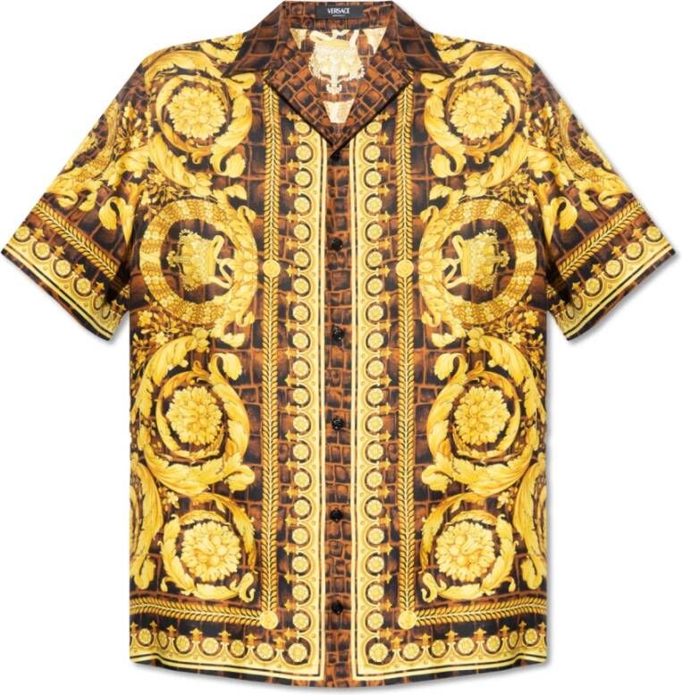 Versace Zijden Baroccodile Overhemd Brown Heren