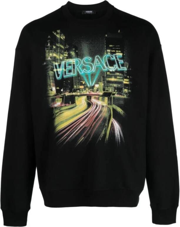 Versace Zwarte Crewneck Sweater met City Lights Print Zwart Heren