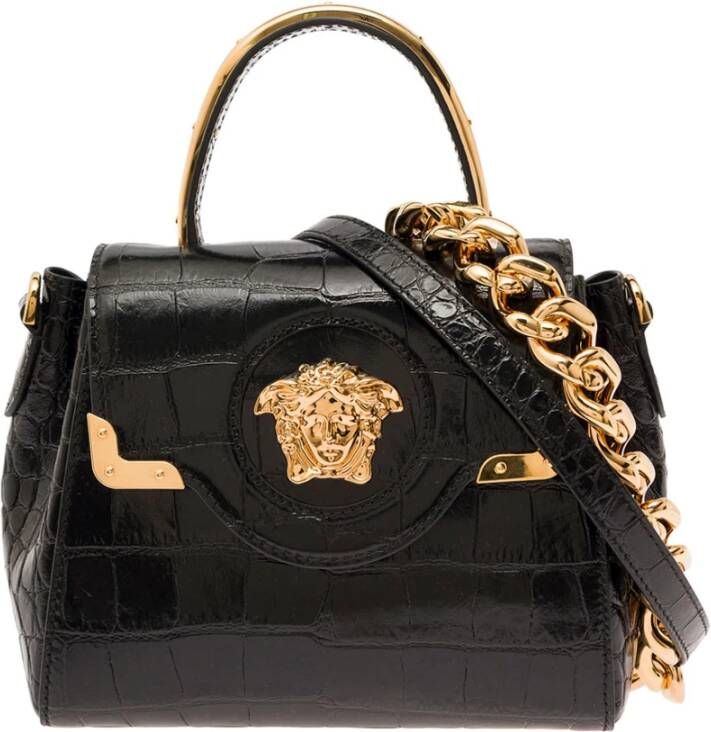 Versace Zwarte Croco Leren Top Handle Tas Zwart Dames