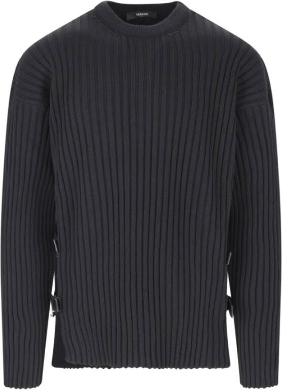 Versace Zwarte geribbelde trui met leren gesp detail Zwart Heren