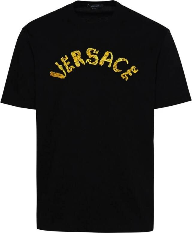 Versace Zwarte katoenen T-shirt met ronde hals en geborduurd logo Zwart Heren