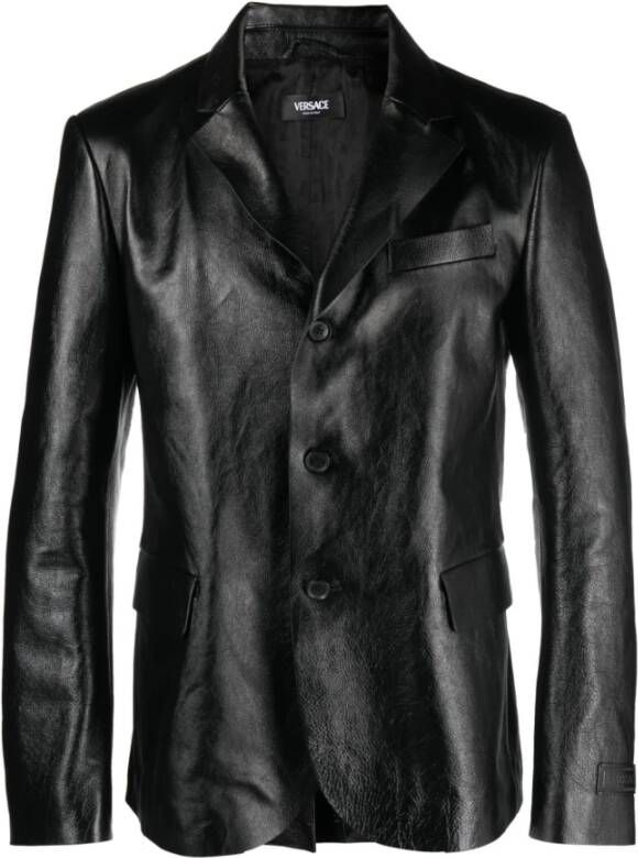 Versace Leren jas met enkele rij knopen Black Heren