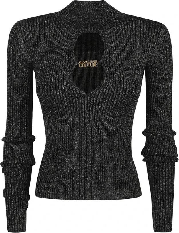 Versace Jeans Couture Zwarte Lurex Ribtrui met Borstopening Black Dames