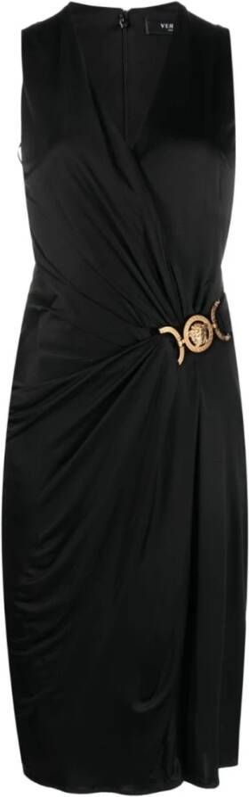 Versace Zwarte Medusa Plaque Geplooide Jurk Black Dames