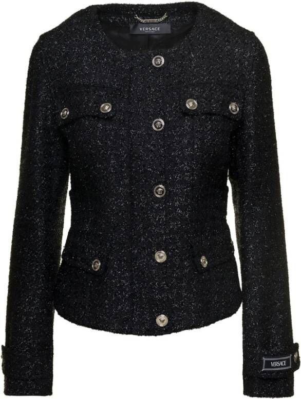 Versace Zwarte wollen blend jas met ronde hals Zwart Dames