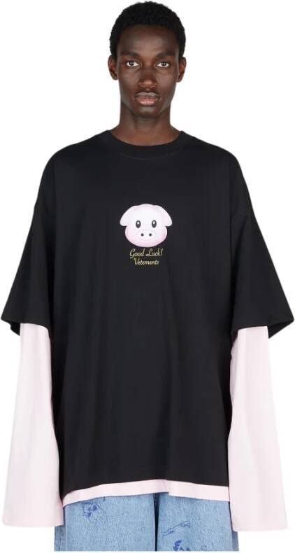 Vetements Gelaagd longsleeve T-shirt met geluksvarken Zwart Heren