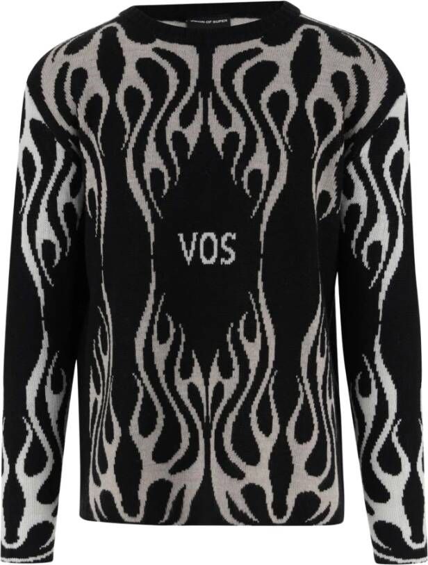 Vision OF Super Regular Fit Sweater met Vlam Patroon en Jacquard Logo Black Heren