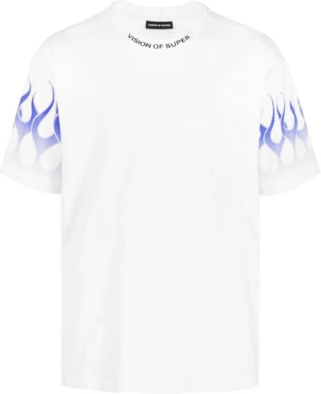 Vision OF Super Wit T-shirt met Blauwe Vlammen White Heren