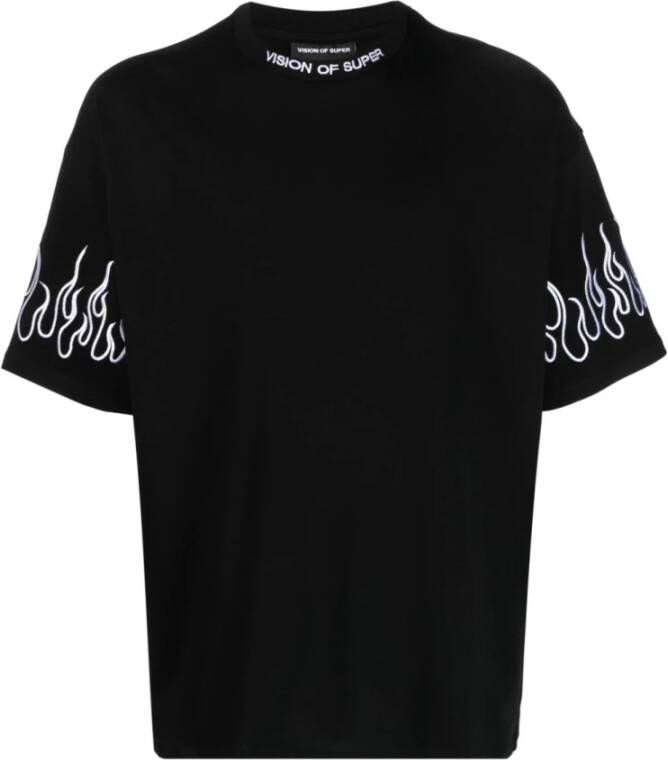 Vision OF Super Zwarte T-shirts en Polos met wit geborduurde vlammen Black Heren