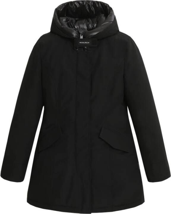 Woolrich Zwarte Winterjas met Verborgen Rits en Capuchon Black Dames