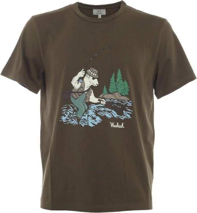 Woolrich Groene T-shirt met Korte Mouwen Geïnspireerd op Vissen Bruin Heren