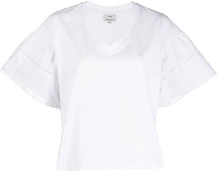 Woolrich Witte katoenen T-shirt met geborduurde ballonmouwen White Dames