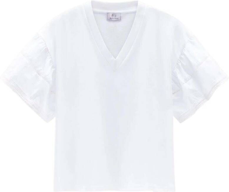 Woolrich Witte katoenen T-shirt met geborduurde ballonmouwen White Dames