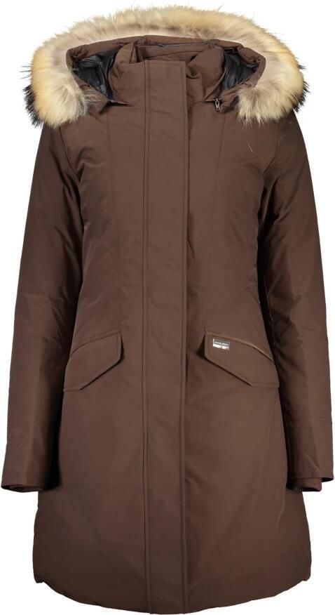 Woolrich Bruine Lange Hoodie met Afneembare Bontkraag 2 Zakken Rits en Knopen Brown Dames