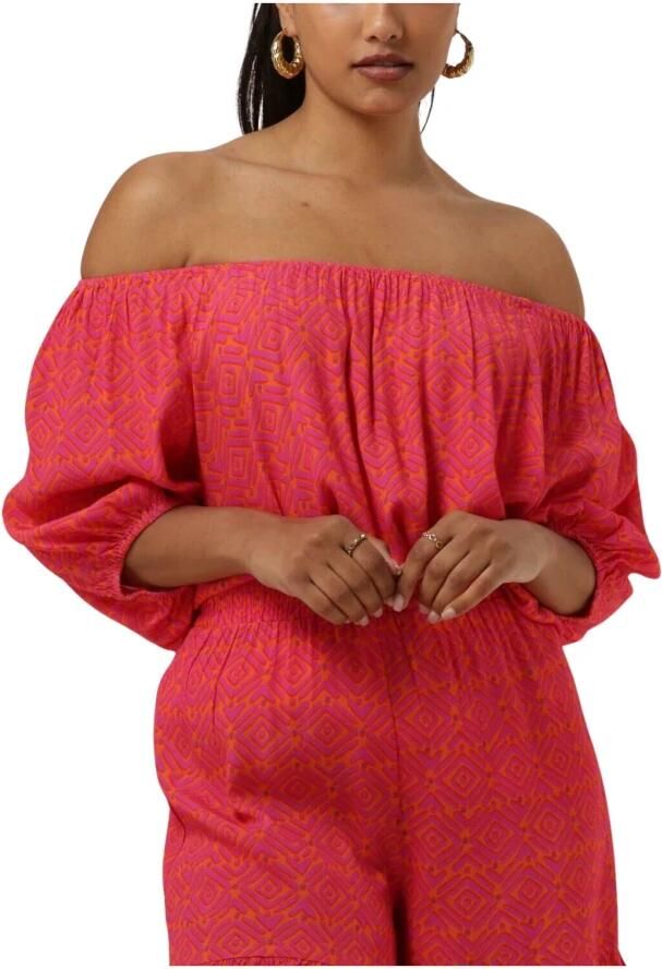 Ydence off shoulder top Shelly met all over print en plooien fuchsia oranje - Foto 4