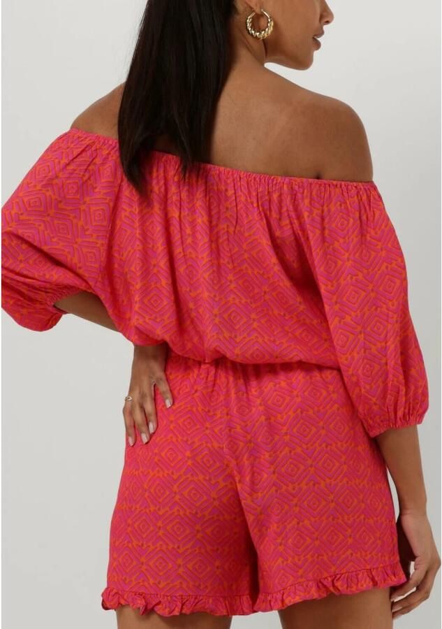 Ydence off shoulder top Shelly met all over print en plooien fuchsia oranje - Foto 3