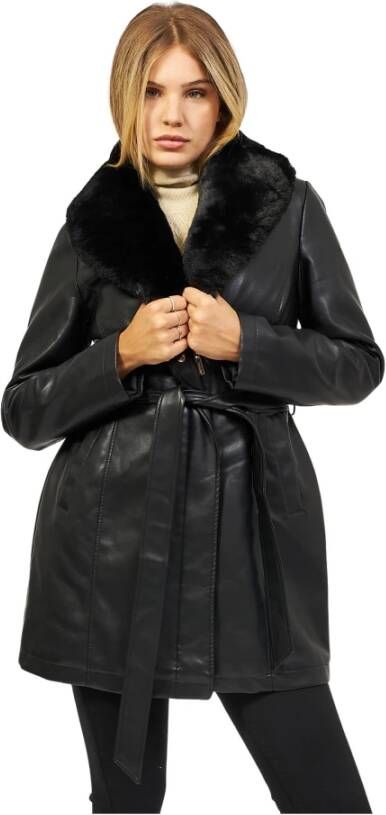 YES ZEE Zwarte imitatieleren jas met bontkraag en riem Zwart Dames