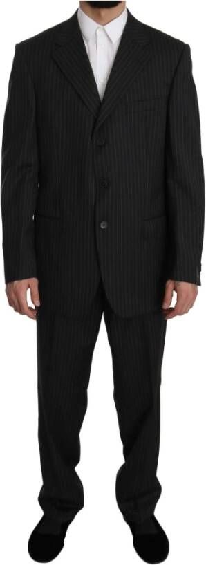 Z Zegna Striped Two Piece 3 Button 100% Wool Suit Zwart Heren