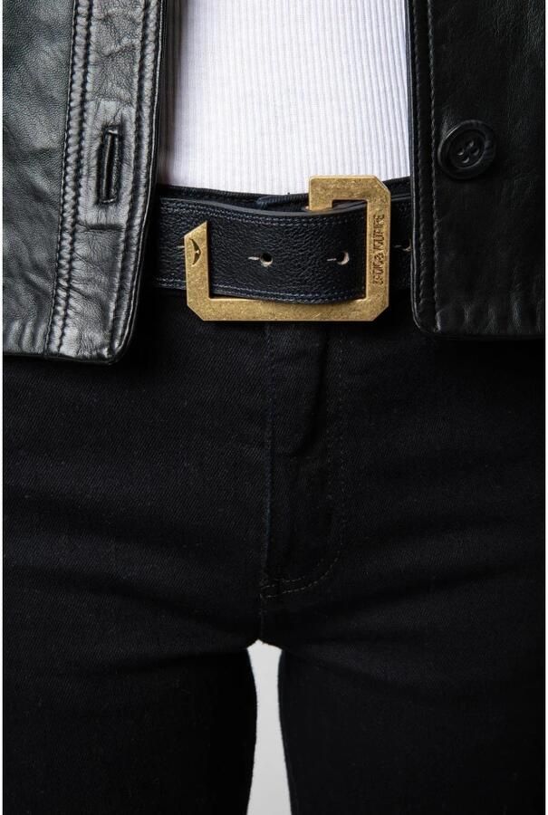 Zadig & Voltaire Navyblauwe leren riem met gestreepte gouden metalen gesp Blue Heren