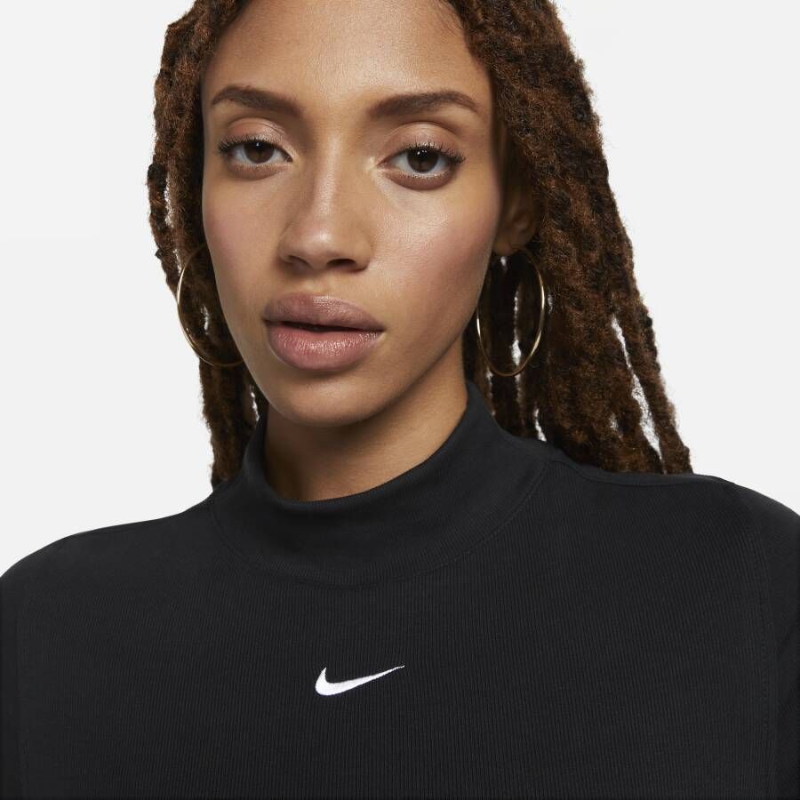 Nike Sportswear Essentials geribde damestop met hoge kraag en korte mouwen Zwart