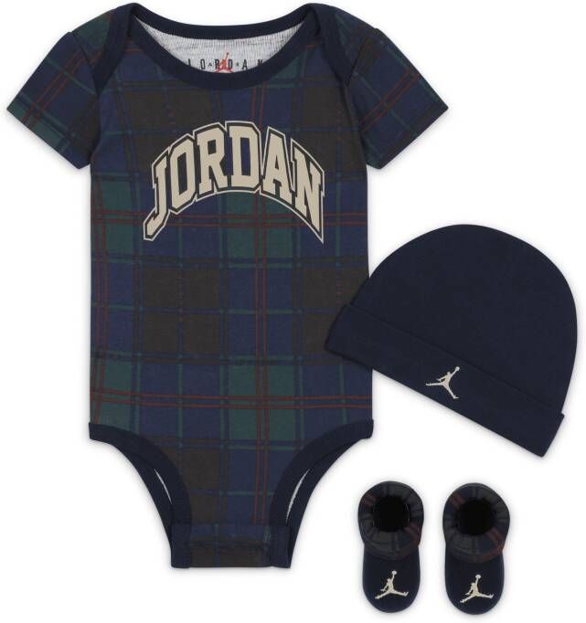 Jordan Plaid Bodysuit Hat and Booties Box Set Babyset Blauw