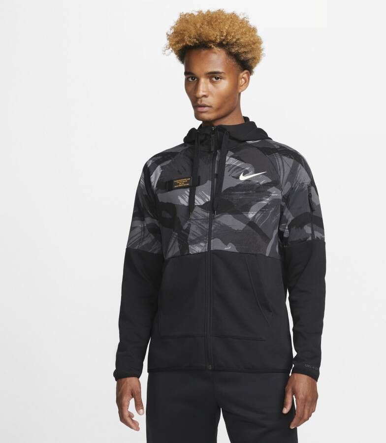 Nike Dri-FIT Fitnesshoodie van fleece met rits en camouflageprint voor heren Zwart