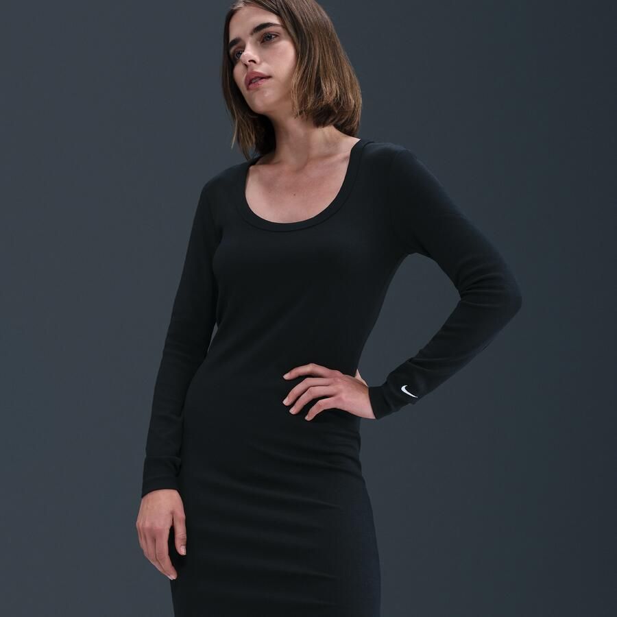 Nike Chill Knit strakke midi-jurk met mini-ribbels en lange mouwen Zwart