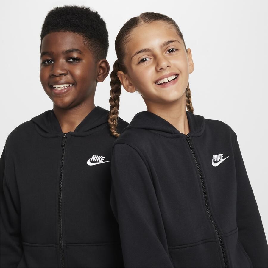 Nike Club Fleece hoodie van sweatstof met rits over de hele lengte voor kids Zwart
