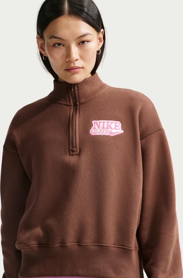 Nike oversized damestop van fleece met korte rits voor dames Bruin - Foto 4