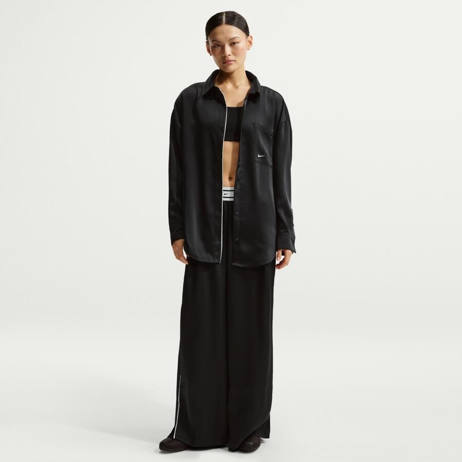 Nike oversized satijnen damestop met lange mouwen Zwart