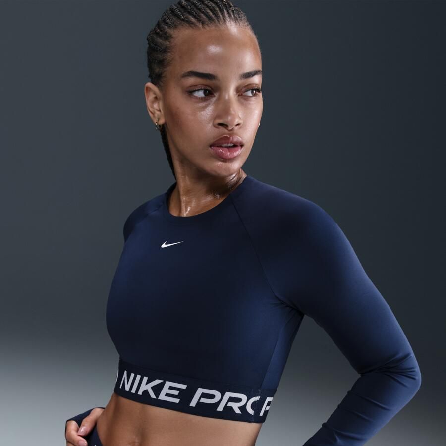 Nike Pro Dri-FIT korte top met lange mouwen voor dames Blauw - Foto 4