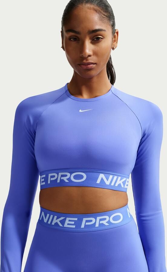 Nike Pro Dri-FIT korte top met lange mouwen voor dames Blauw - Foto 4