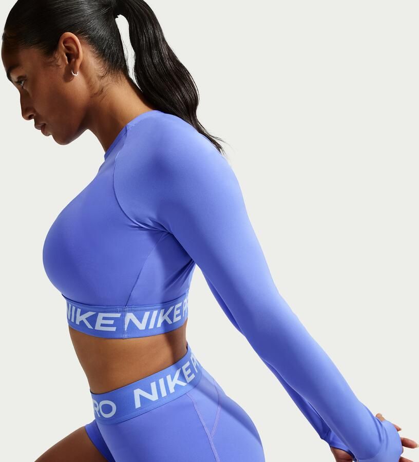Nike Pro Dri-FIT korte top met lange mouwen voor dames Blauw - Foto 3