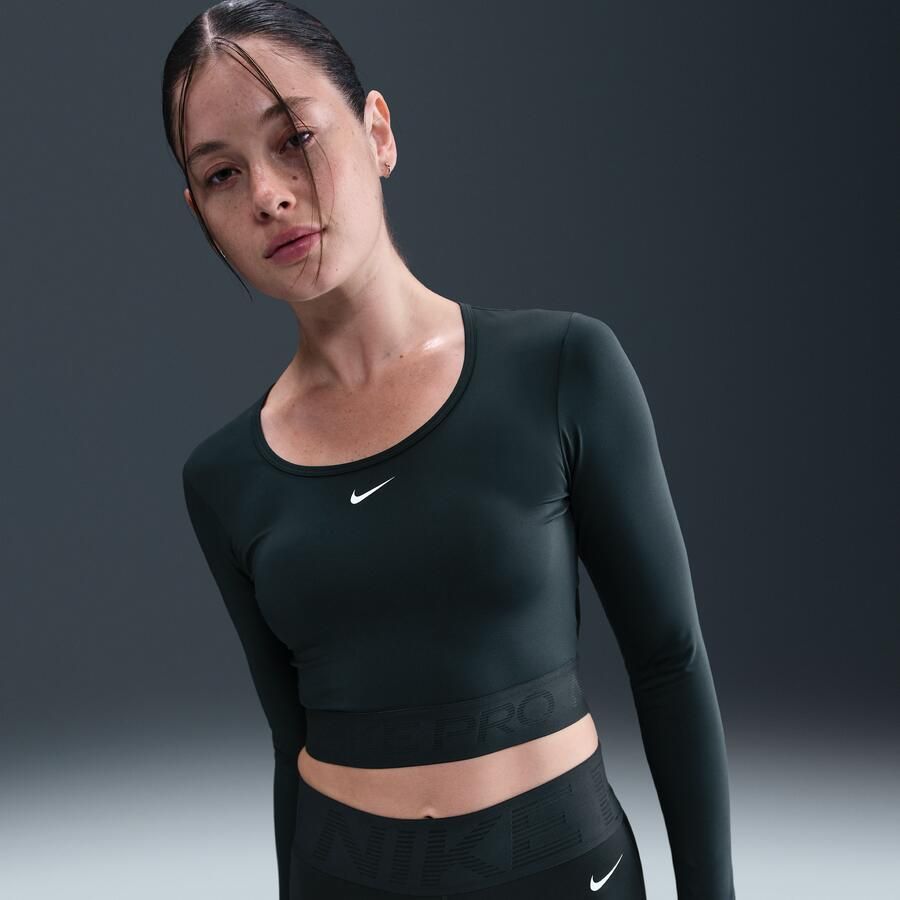 Nike Pro Dri-FIT korte top met lange mouwen voor dames Groen - Foto 4